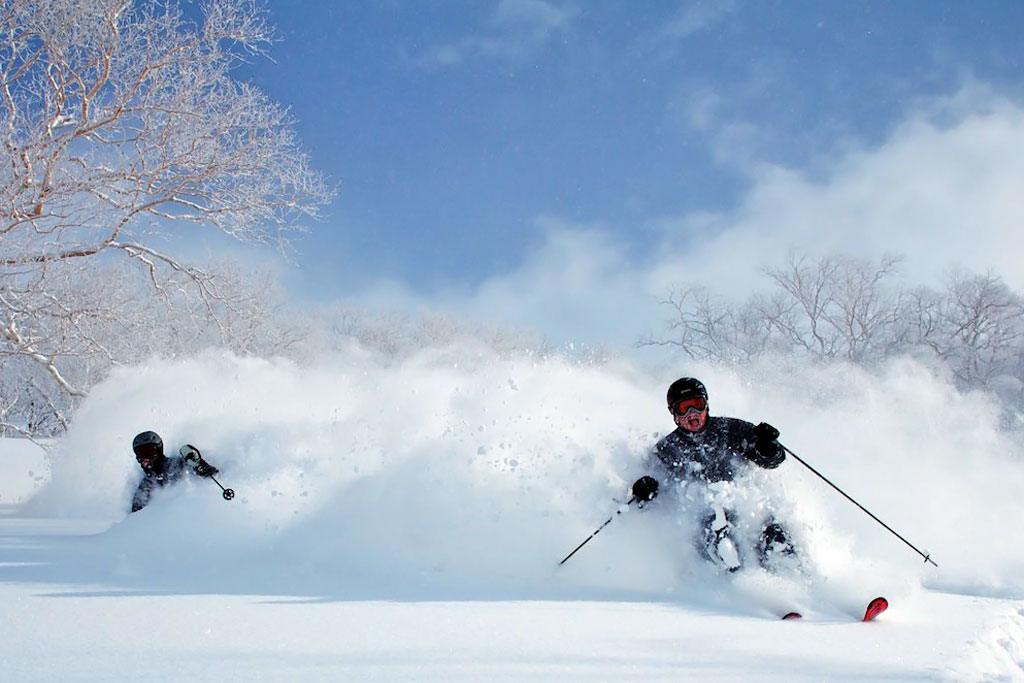 two skiers in deel japanese powder - powderdetours.com